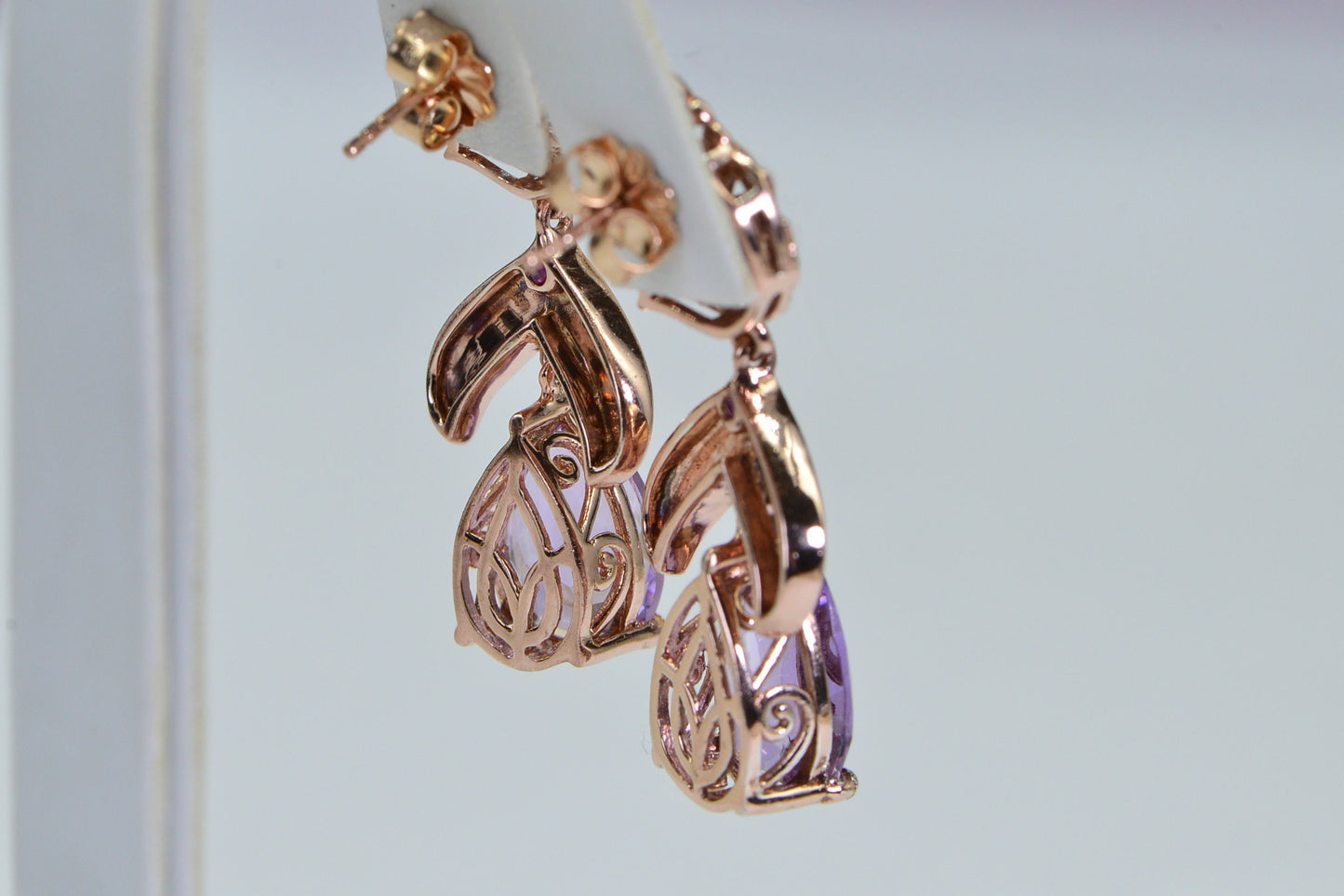 Rose de France Amethyst Chandelier Earrings, London Blue Topaz, Rose Gold over Sterling Silver