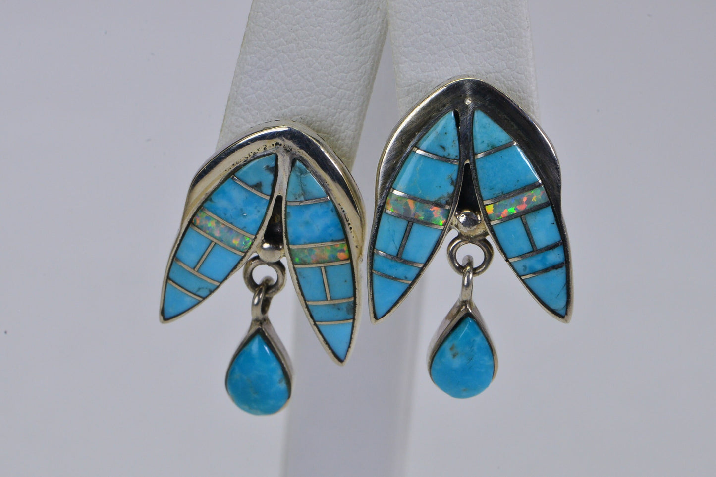 Vintage Teardrop Stud Earrings, Natural Turquoise Opal Inlay, Sterling Silver