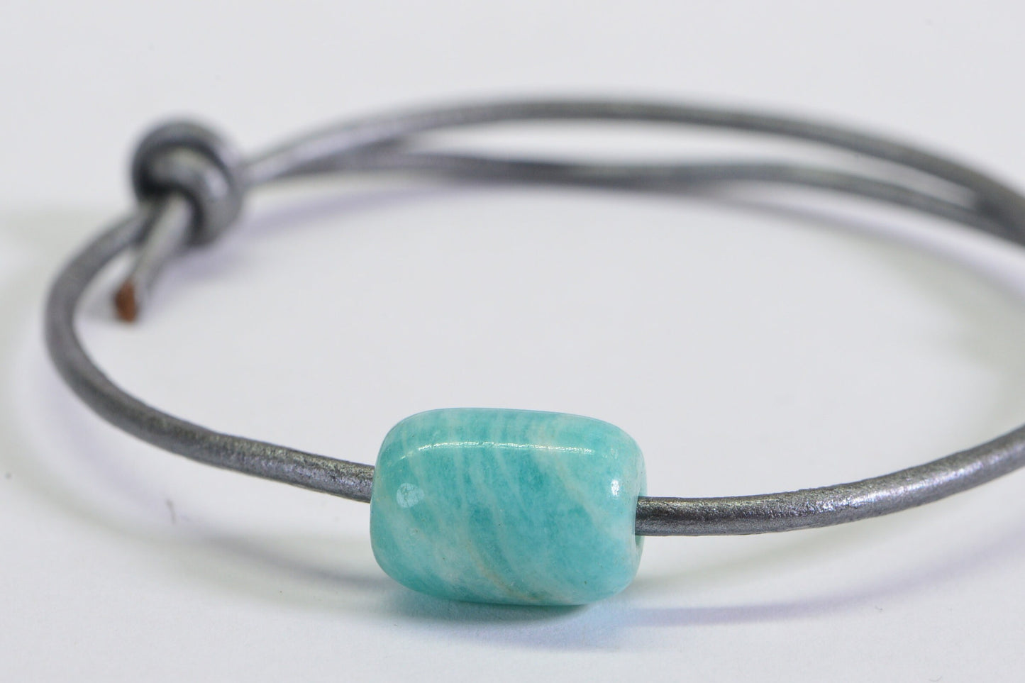 Peruvian Amazonite Barrel Stone on Gray Silver Leather Cord 2mm Adjustable Knot Slide Bracelet