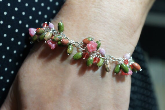 Unakite Charm Bracelet, Swarovski Crystal, Sterling Silver, 7.5 Inch