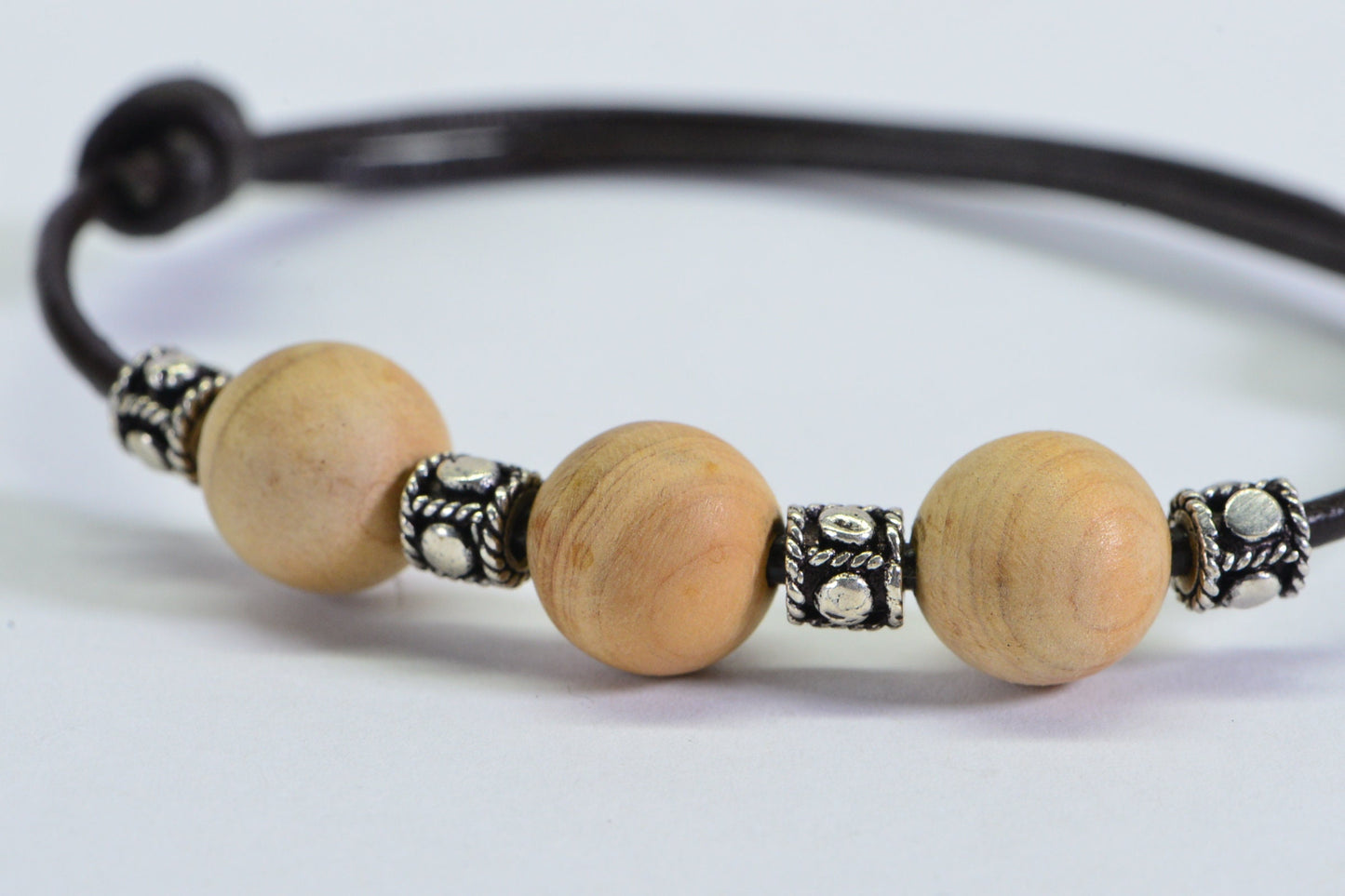 Sandalwood Beaded Leather Cord Bracelet: Adjustable Yoga Gift