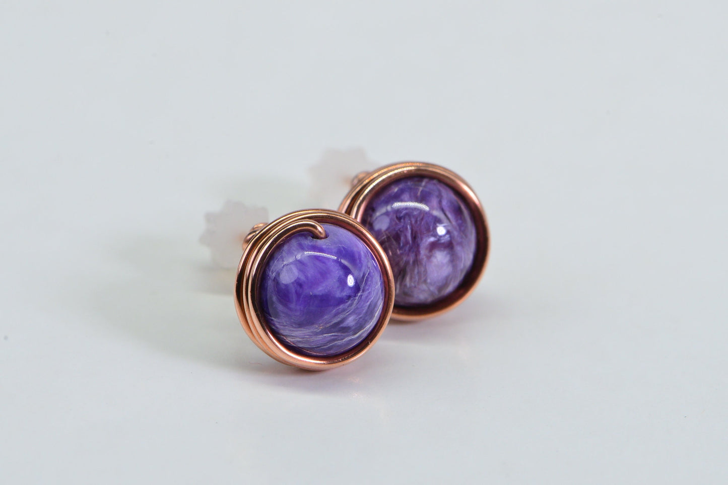 9mm Charoite Studs: Copper Wire Wrapped Earrings