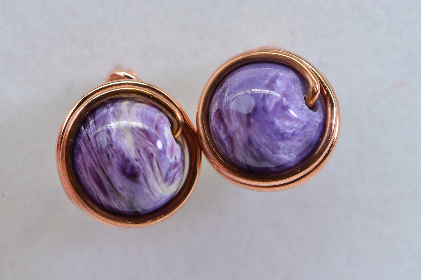 Natural Charoite Stud Earrings: Copper Wire Wrapped, 8mm