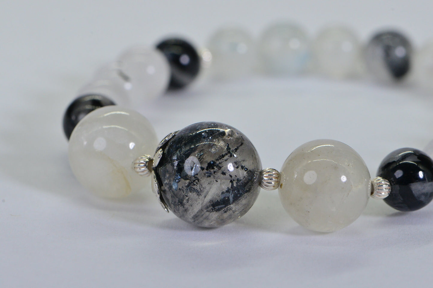 Phantom Quartz Moonstone Bracelet: Sterling Silver Gemstone Healing Crystal