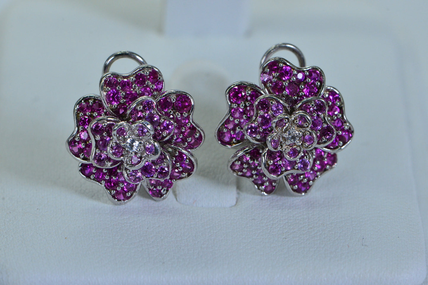 Floral Pink Sapphire Earrings: Diamond Accent, 14K White Gold Over Sterling Silver