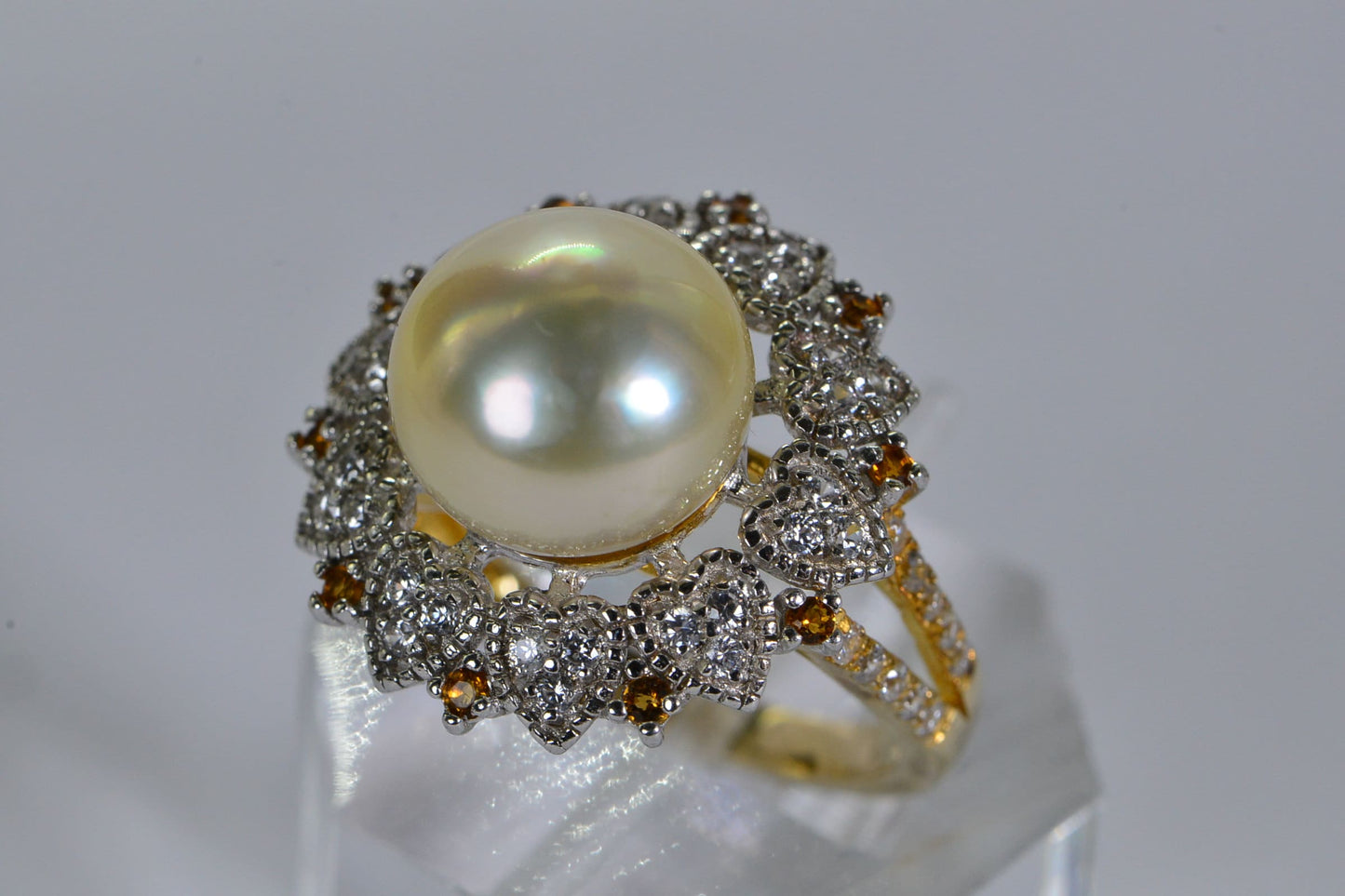 11mm South Sea Golden Pearl Ring: 14K Yellow Gold Vermeil, CZ & Topaz