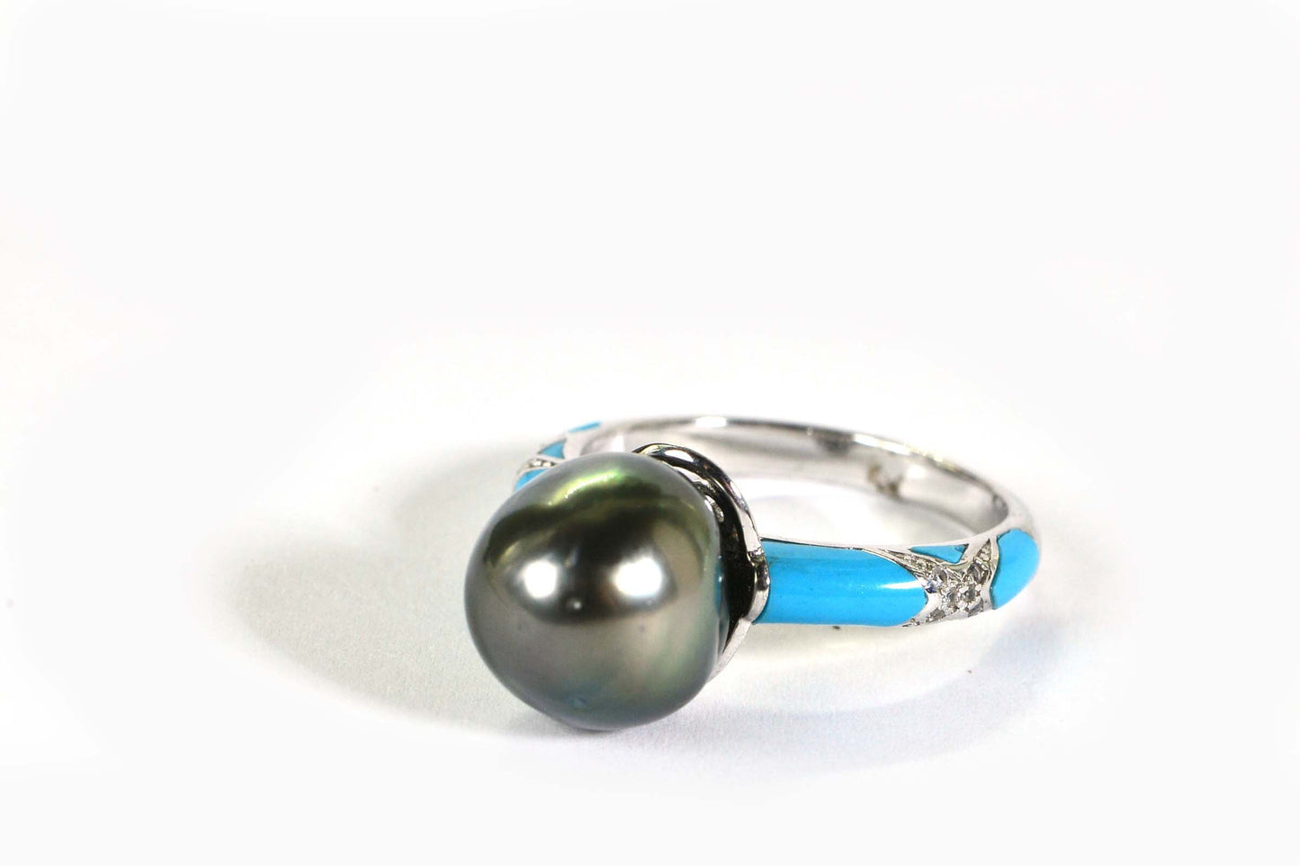Tahitian Black Pearl Ring: Sleeping Beauty Turquoise Inlay, Sterling Silver