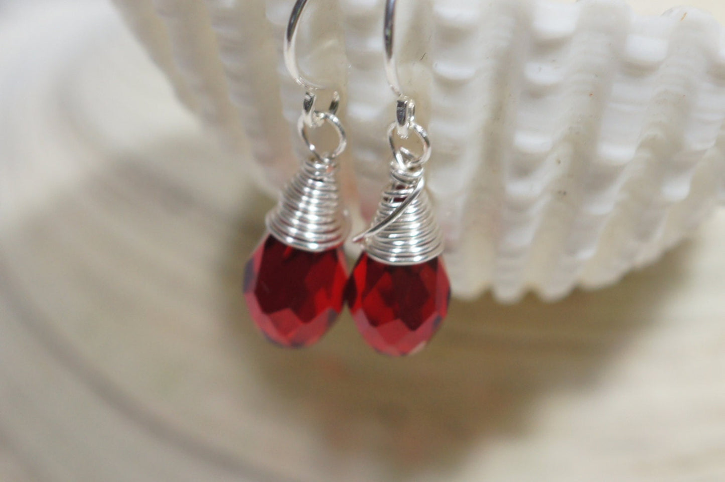 Poppy Red Briolette Earrings, Silver Plated Dangle Earrings