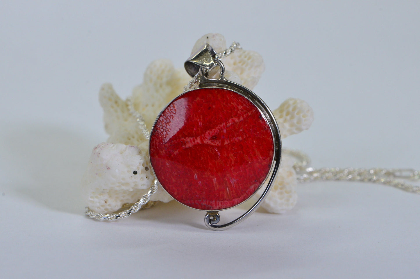 Bamboo Red Coral Circle Pendant Necklace Sterling Silver Bezel set Round Shape Coral