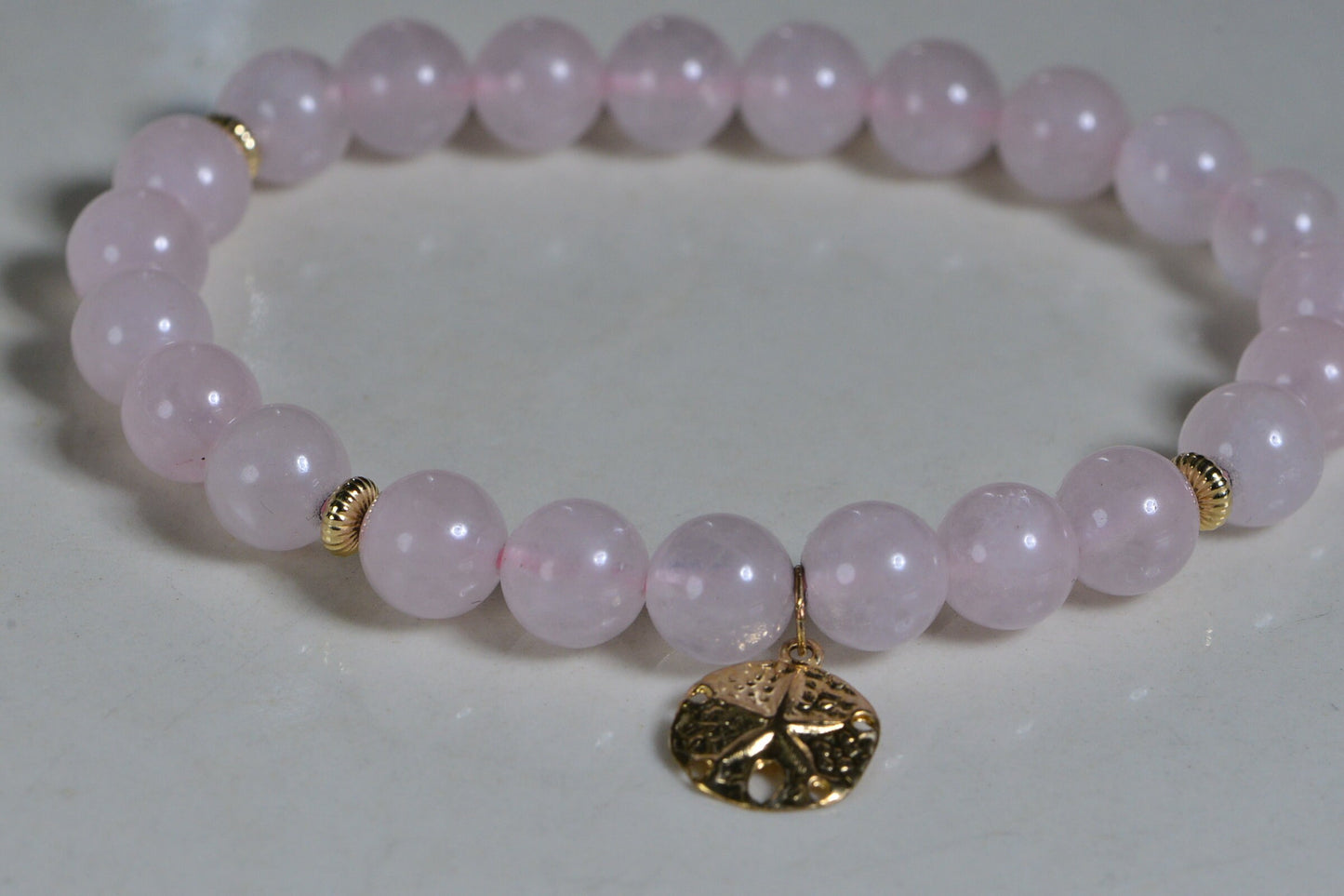 Rose Quartz Bracelet: 8mm Beads, 14K Gold Sand Dollar Charm