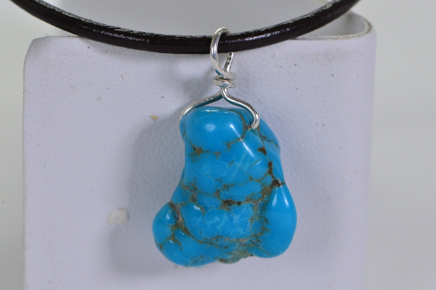 Arizona Turquoise Nugget Pendant: Sterling Silver Wire Wrapped Leather Necklace