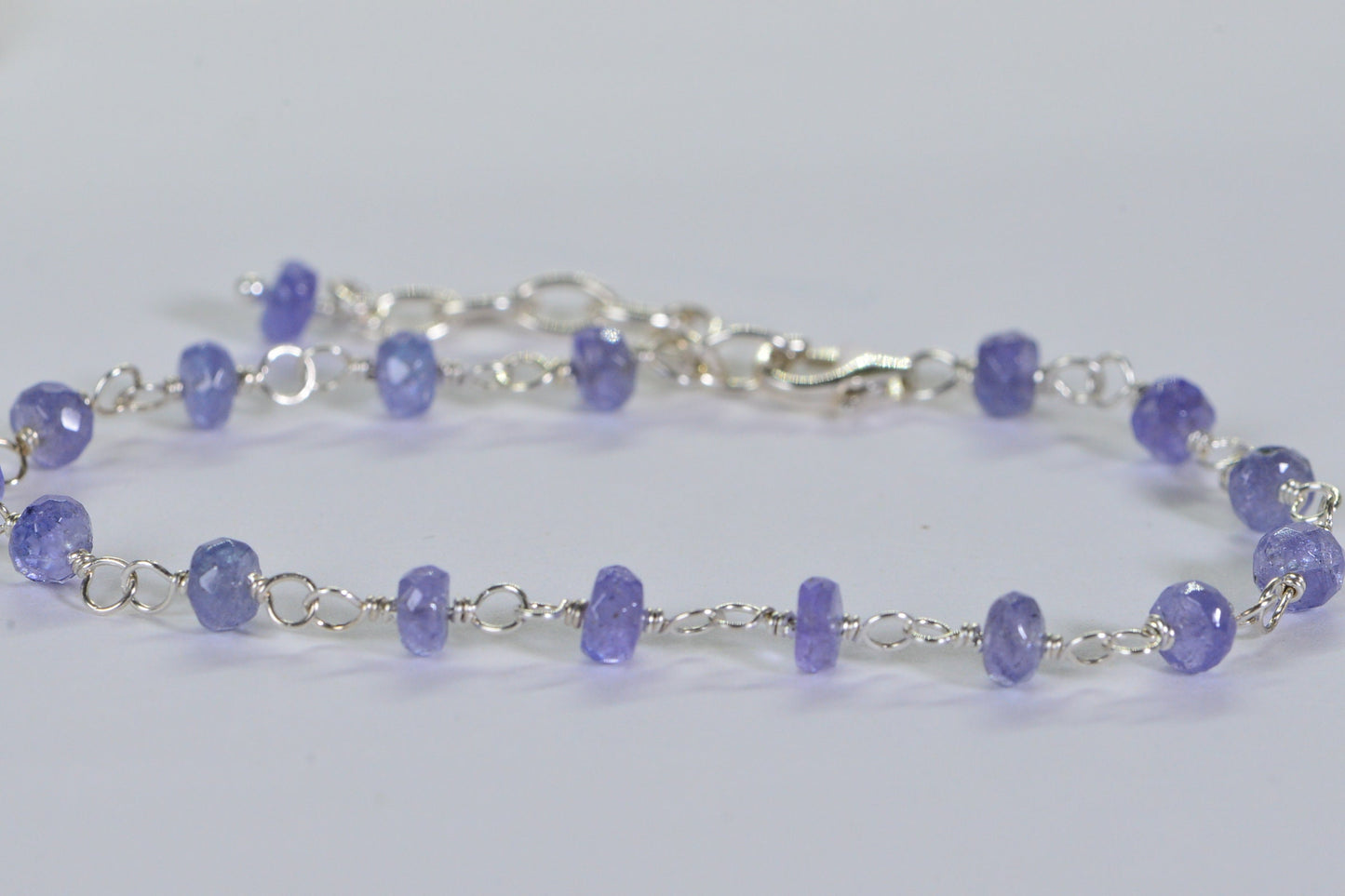 Handmade Tanzanite Bracelet: Delicate Sterling Silver Wire-Wrapped Chain