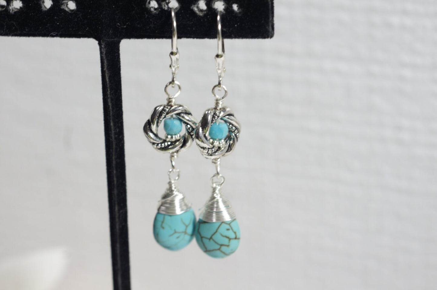 Turquoise Dangle Earrings, Tibetan Style, Sterling Silver