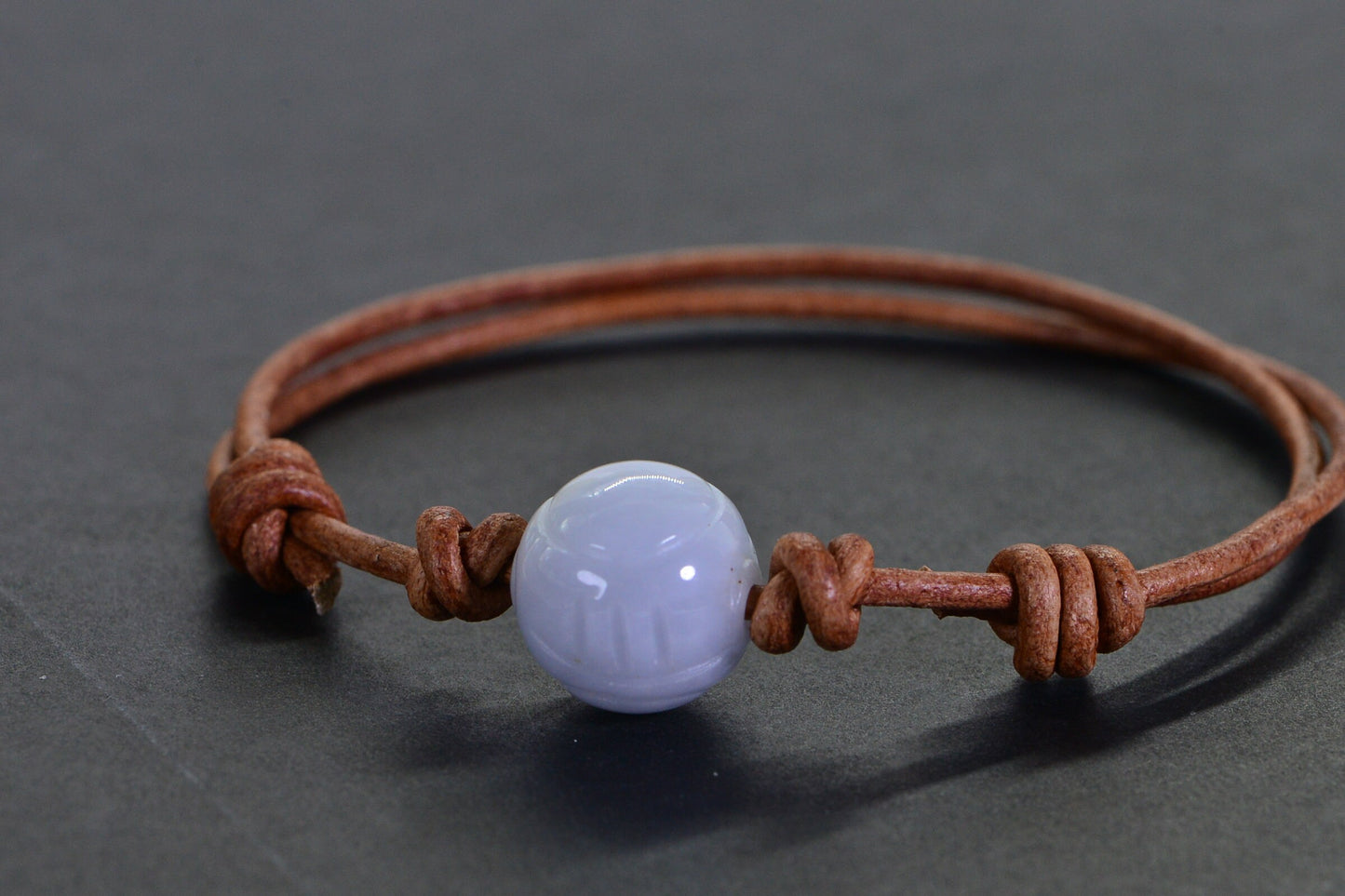 Handmade Burma White Jade Bracelet: Carved Round Bead, Light Brown Leather