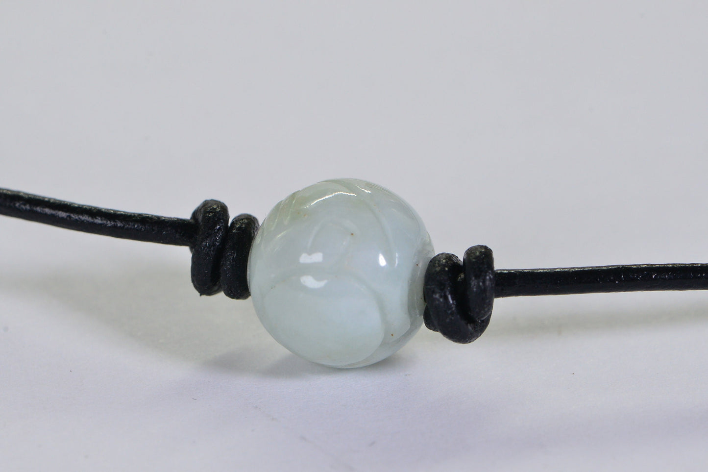 Ice Green Jade Necklace: Carved Burma Jade, Leather Cord Amulet