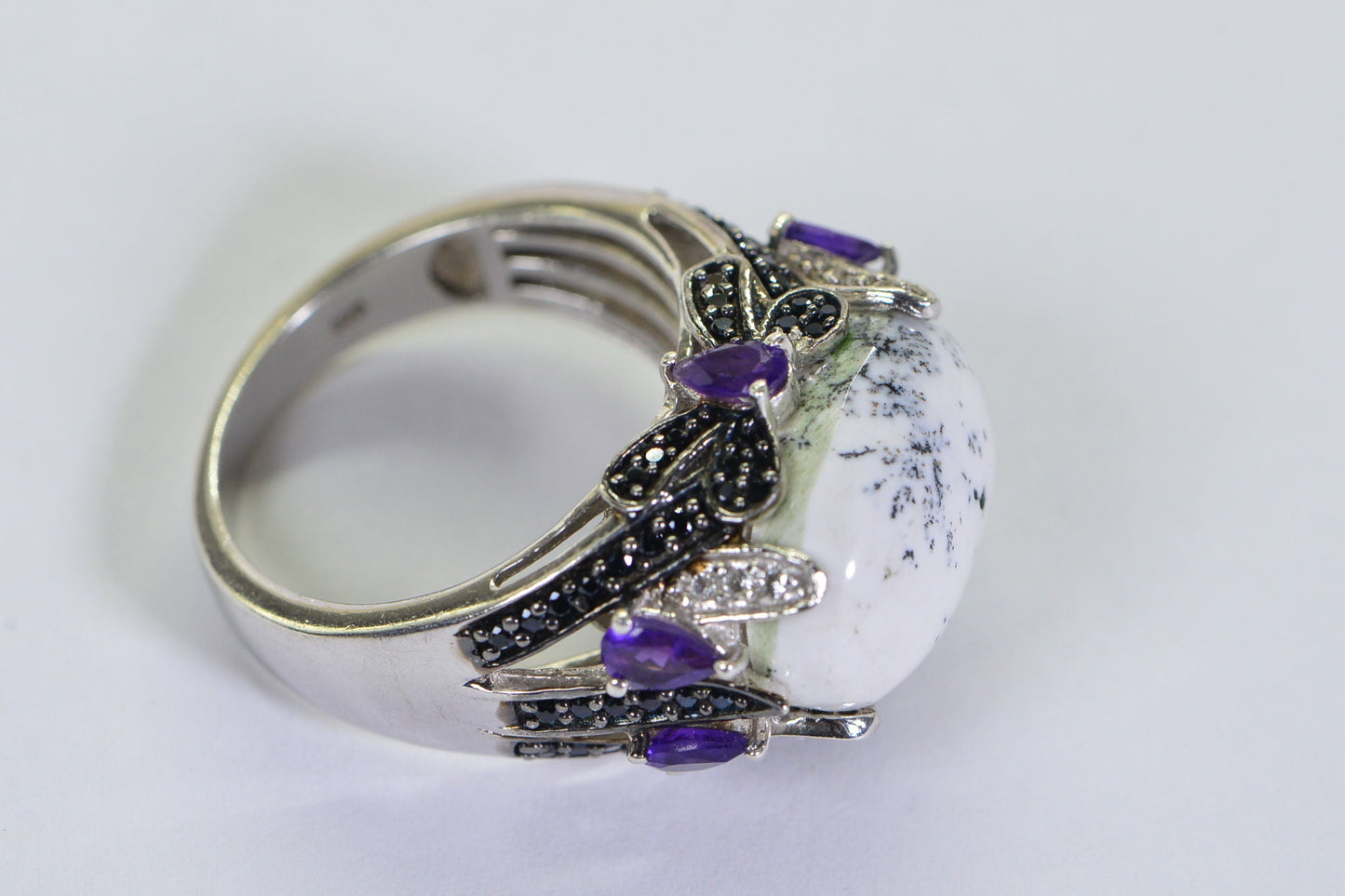 Vintage Dendritic Opal Ring: Sterling Silver Bow, Amethyst & Black Spinel