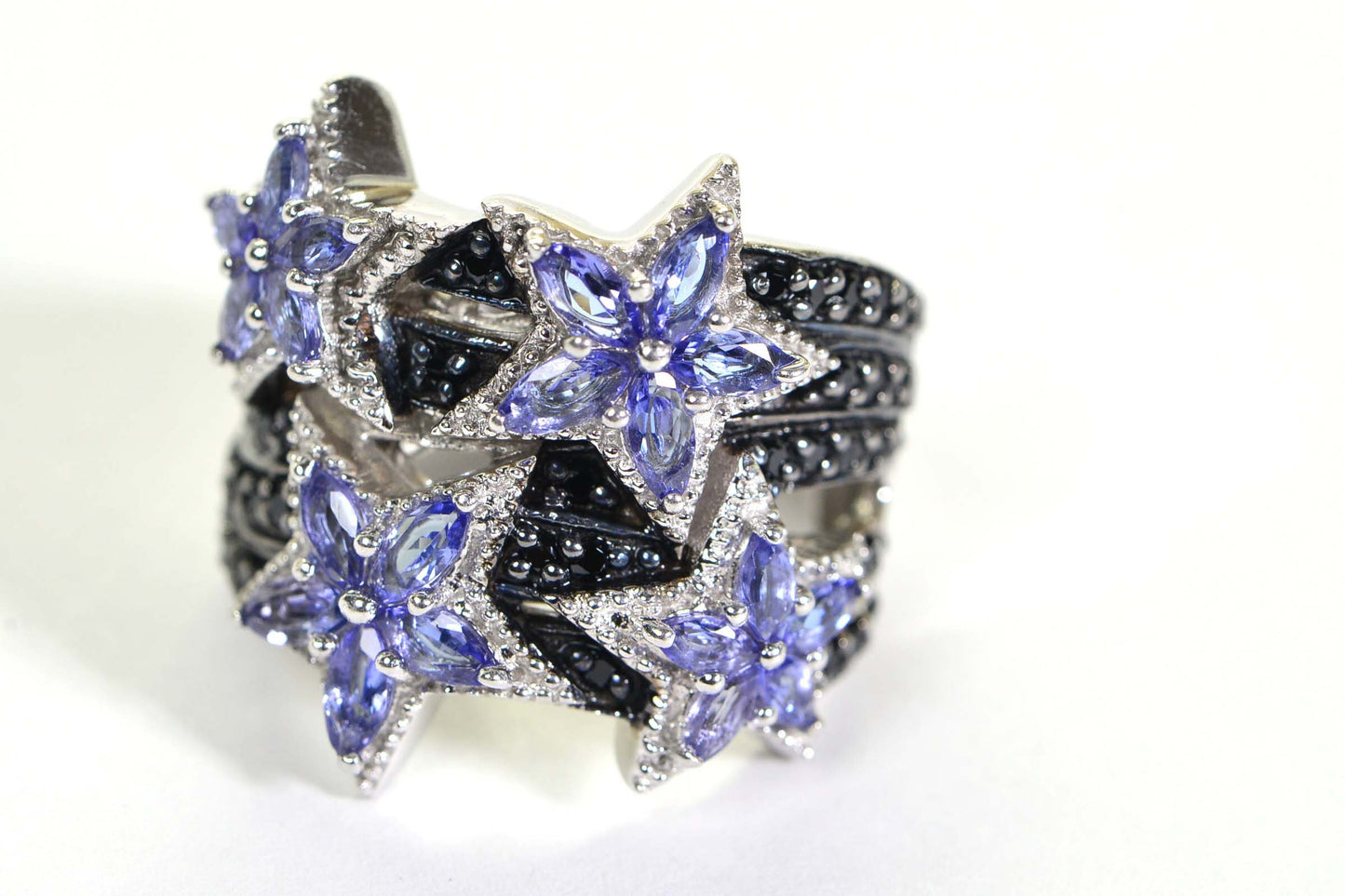 Black Spinel Tanzanite Blue Sapphire Star Ring Gold Plated Over Sterling Silver Massive Ring