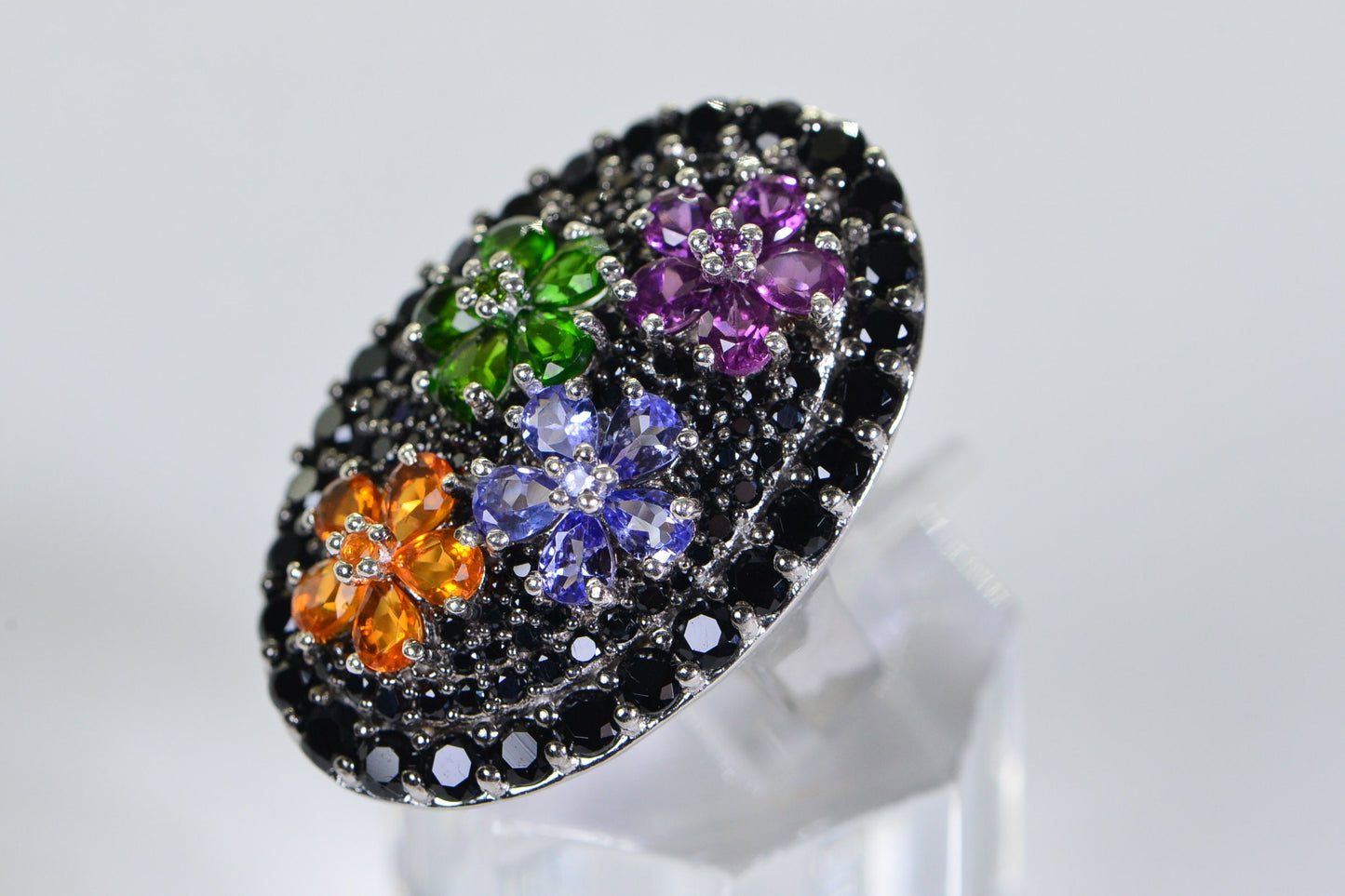 Sterling Silver Multi Gemstone Flower Ring: Black Onyx Cocktail Ring