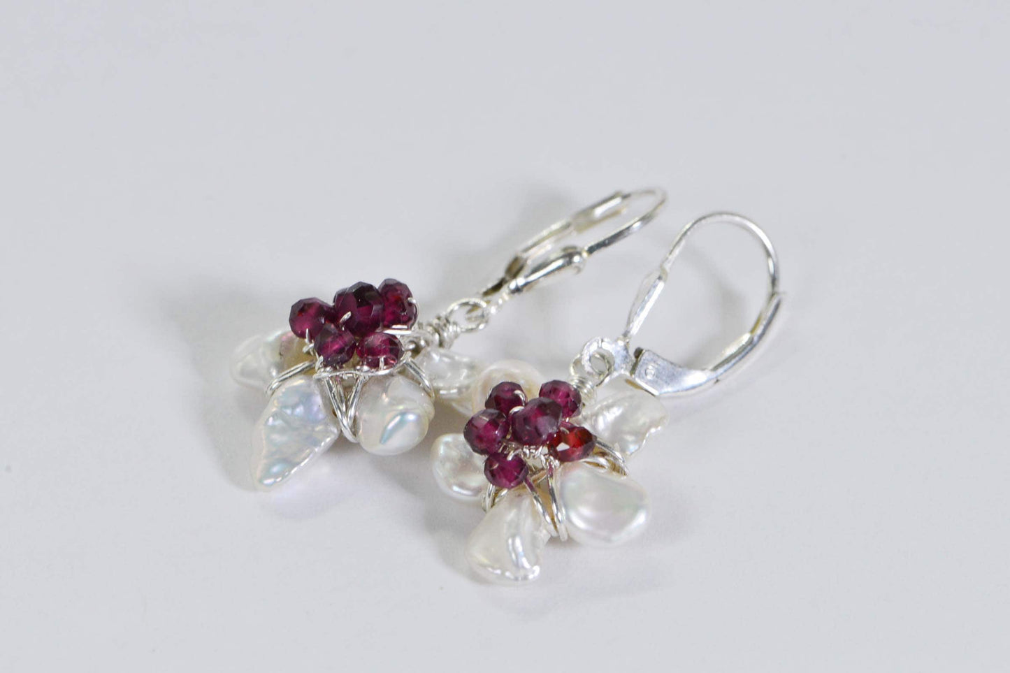 Sterling Silver Flower Earrings: Garnet & Pearl Dangle Earrings