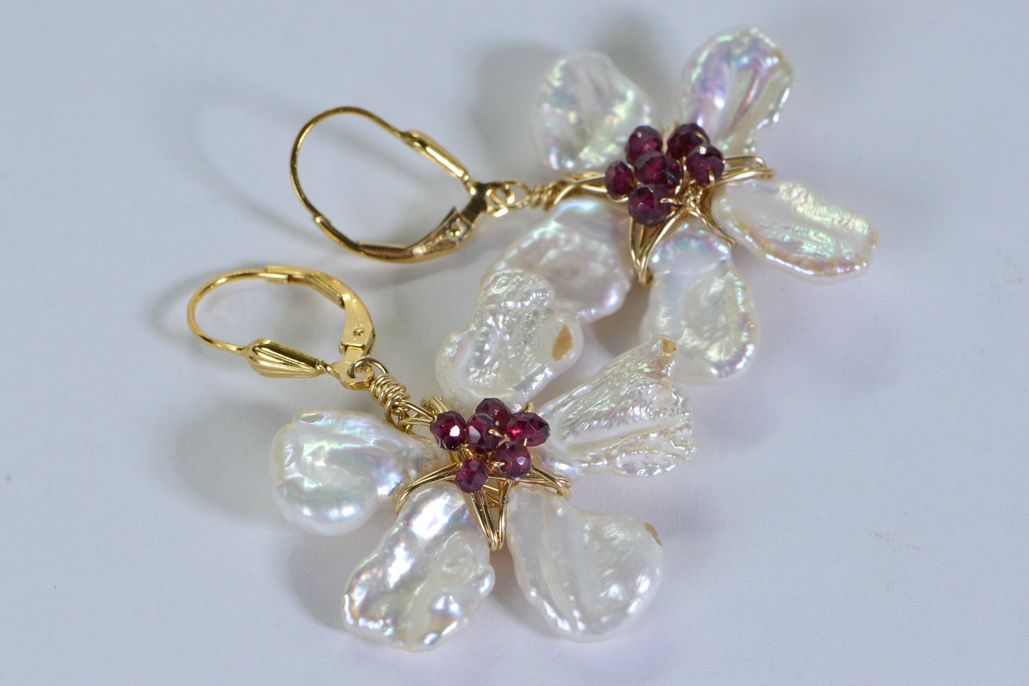 14K Gold Filled Flower Earrings: Keishi Pearl & Garnet Blossom Jewelry Set