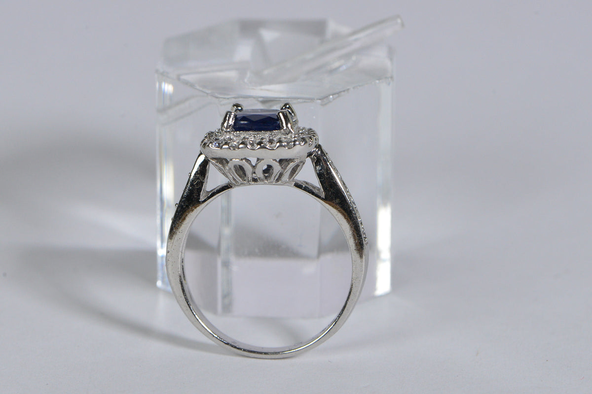 Blue Sapphire Ring: Cushion Cut Halo, Sterling Silver Engagement Ring