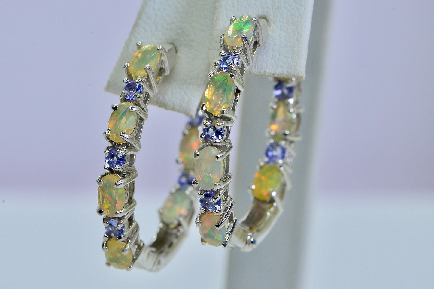 Ethiopian Opal Tanzanite Sterling Silver Hoop Earrings