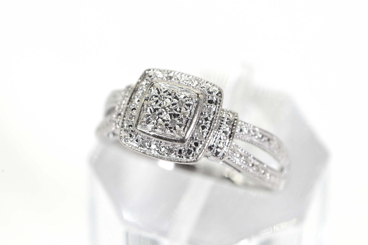 14K White Gold Diamond Halo Ring: Square Cluster Engagement Ring