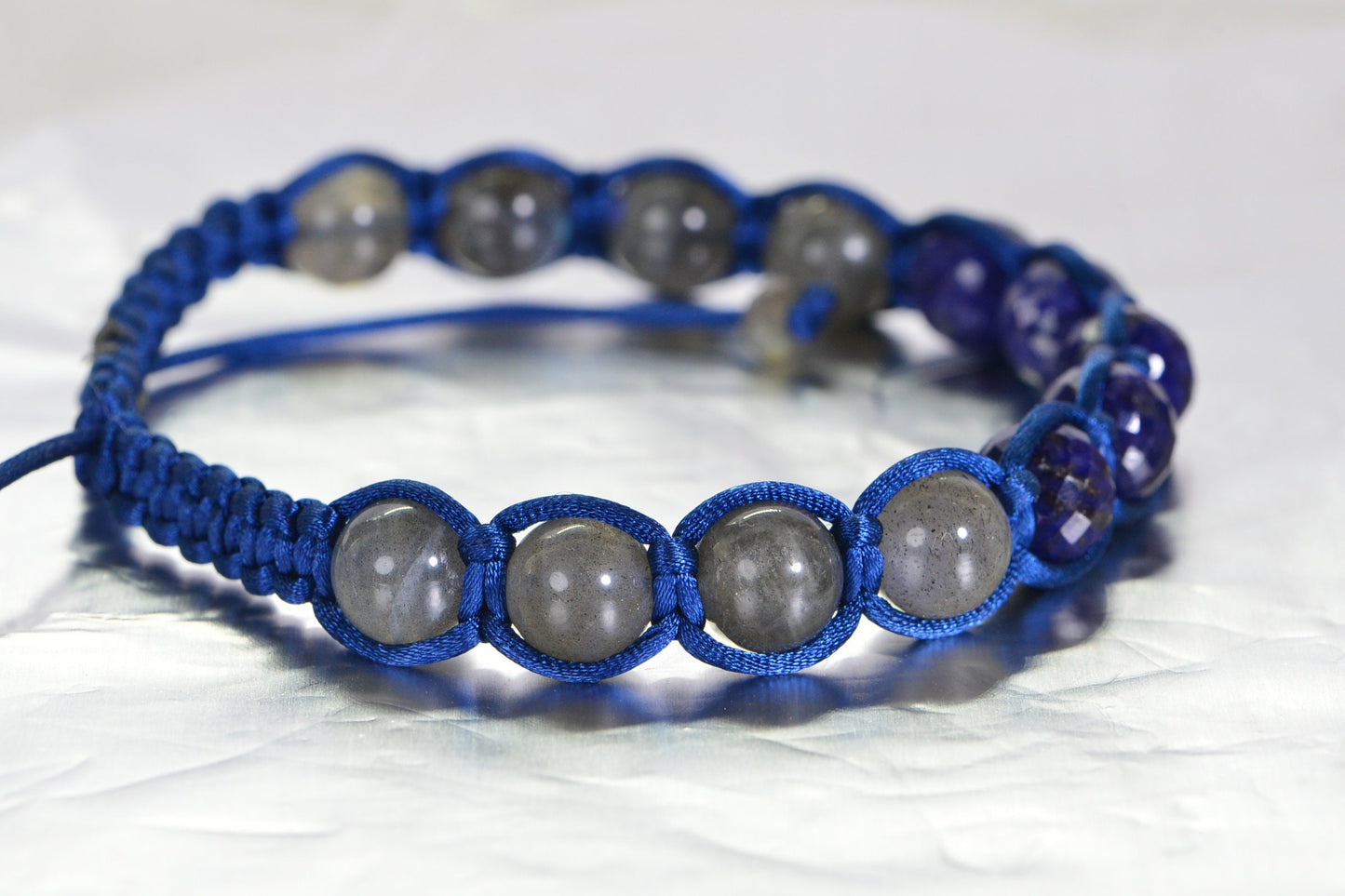 Sapphire & Labradorite Shamballa Bracelet: Braided Gemstone Macrame