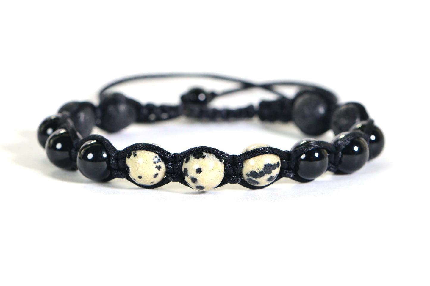 Handmade Shamballa Bracelet: Black Obsidian, Dalmatian Jasper & Lava Beads