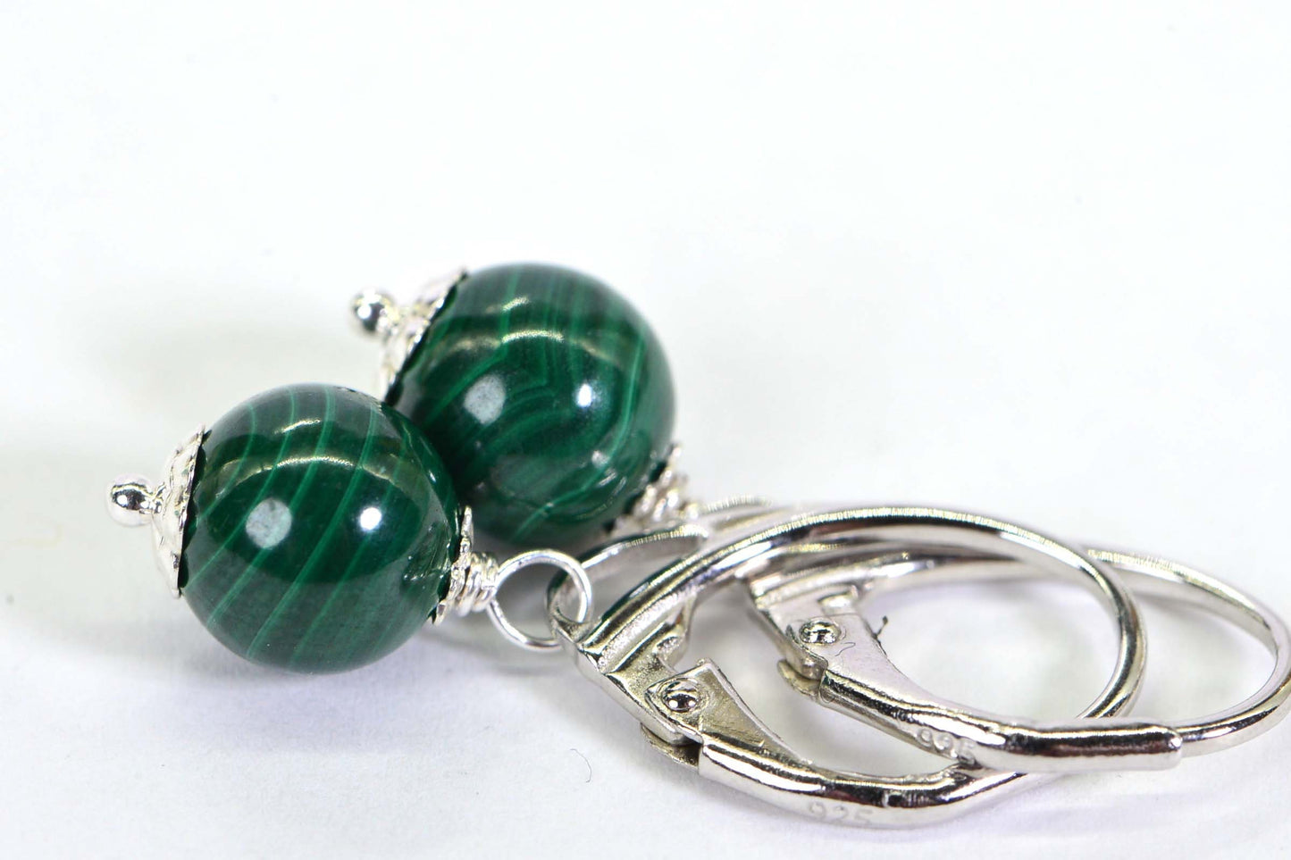 Malachite Earrings Simple Round Shape Drop Wire Wrapped Sterling Silver Minimalist Earrings For Her