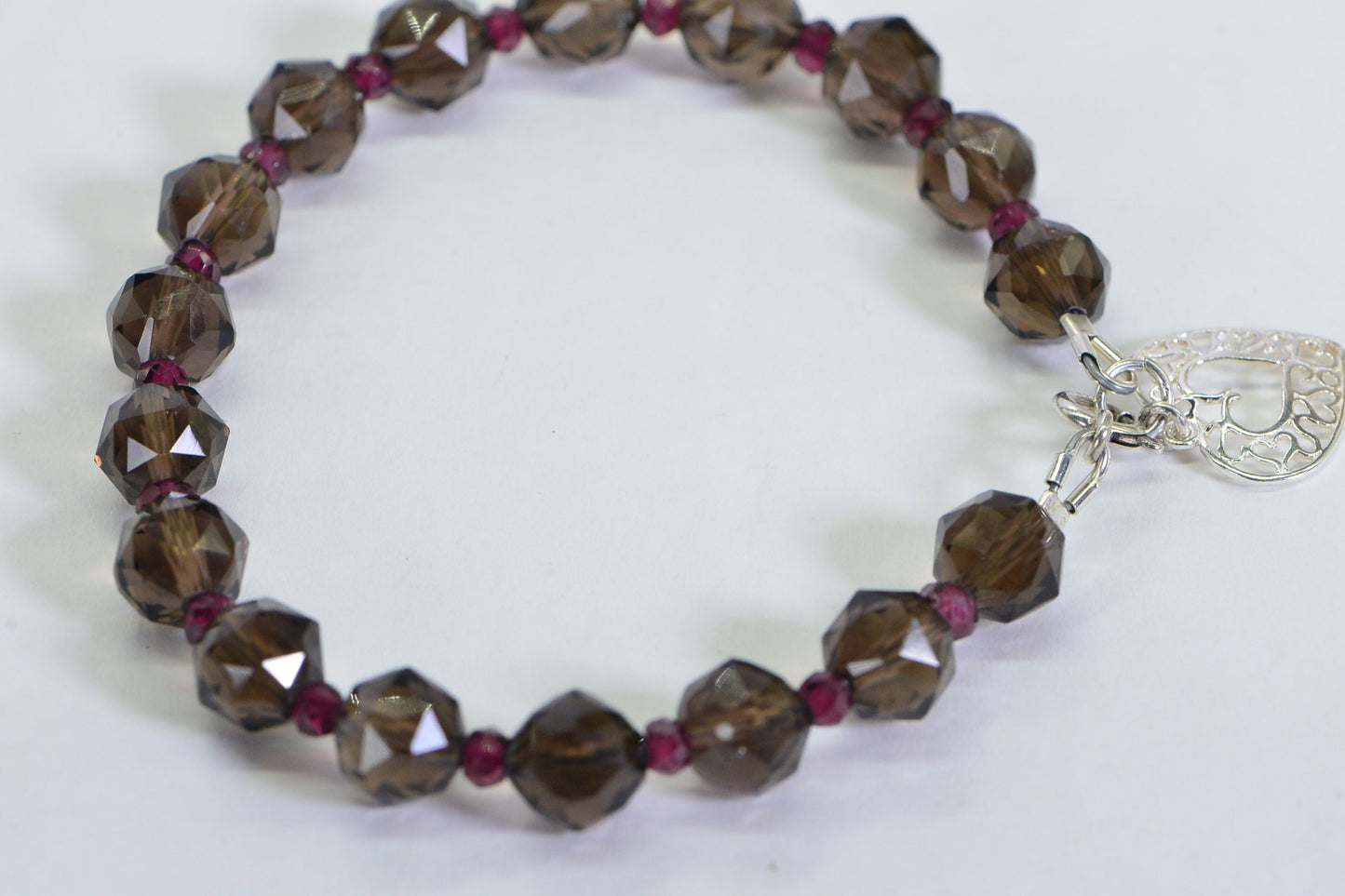 Smoky Quartz Garnet Bracelet: Sterling Silver Heart Charm, Gemstone Jewelry
