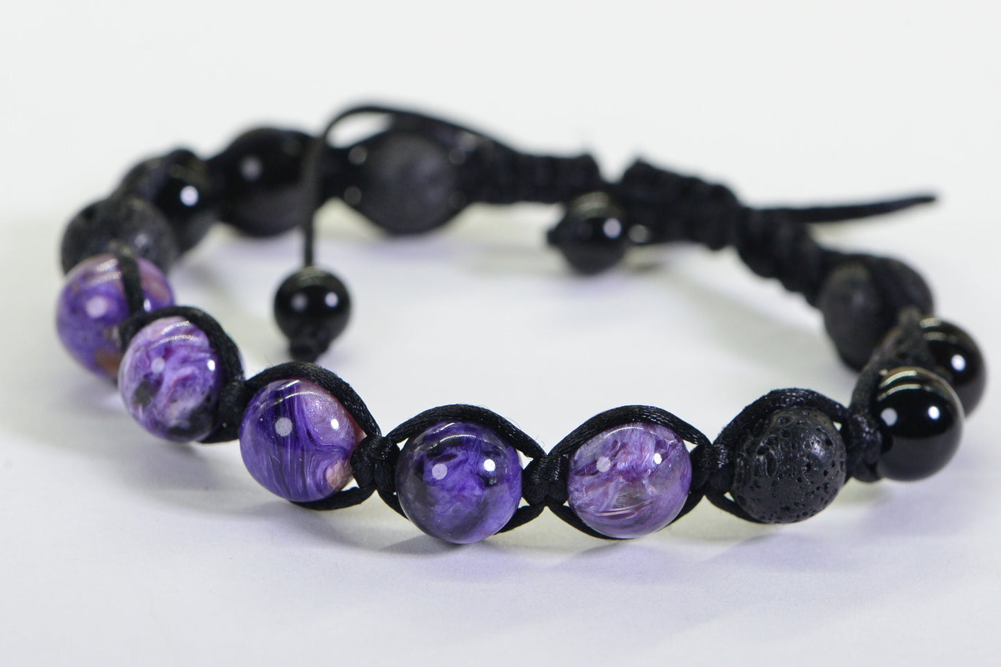 Handmade Shamballa Bracelet: Charoite, Lava, Black Tourmaline