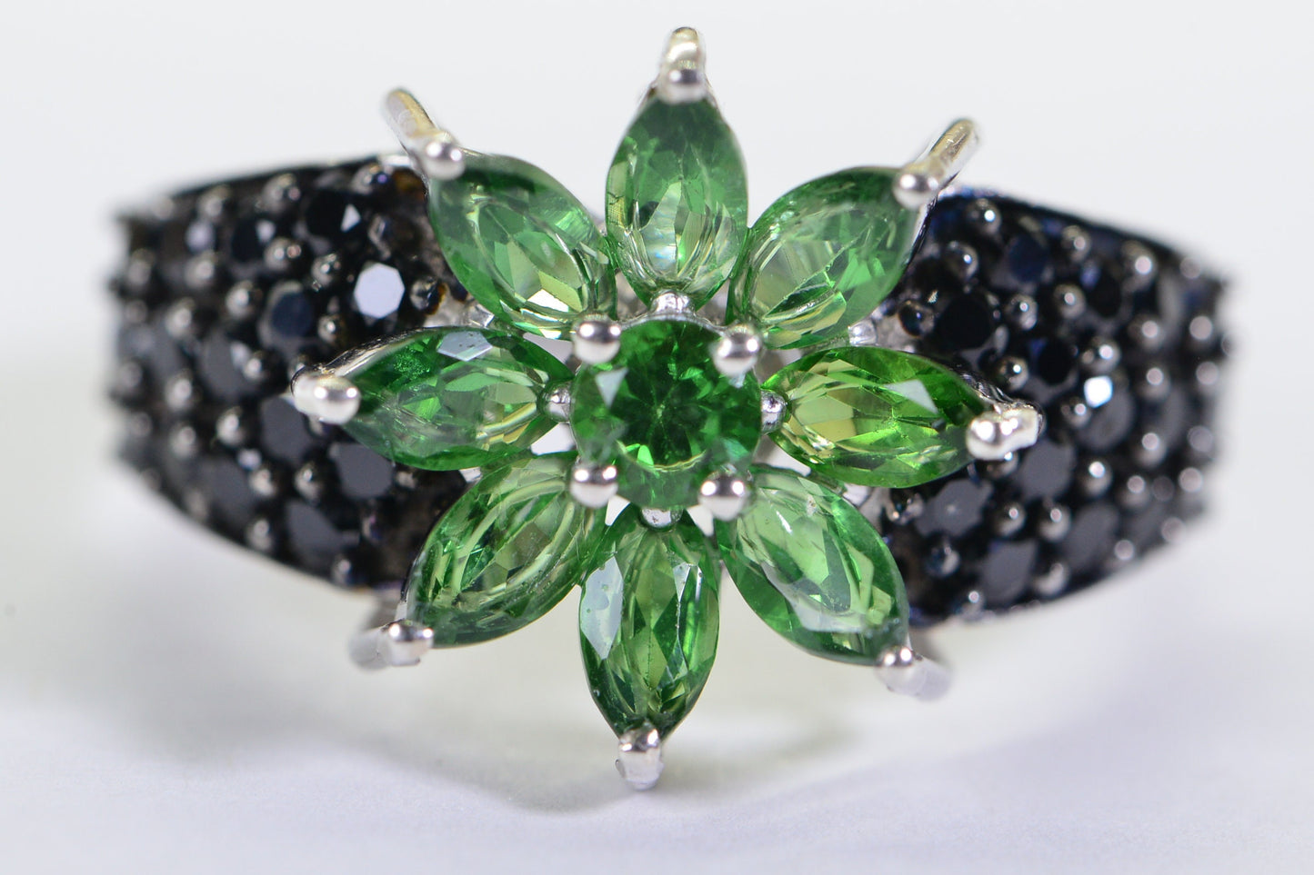 Emerald Flower Ring: Black Spinel, 14K White Gold Over Sterling Silver