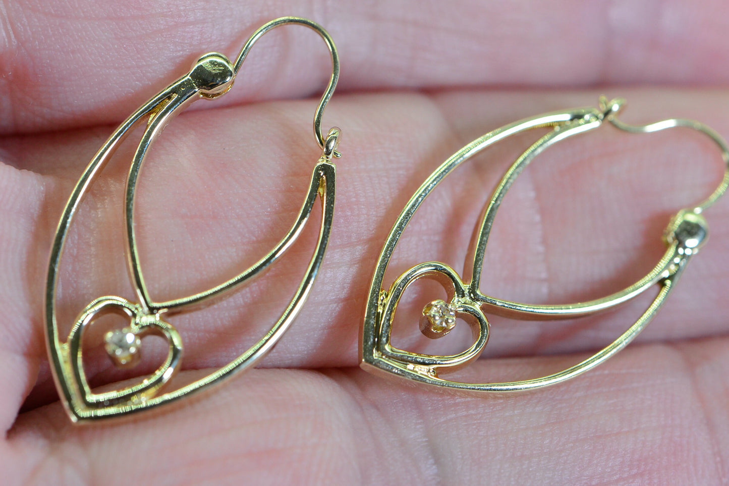 Vintage 80th Solid 14K Gold Diamond Gypsy Design Earrings Oval Gold Hoops Gift Idea For Mother Daughter