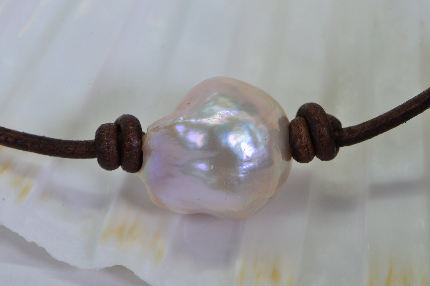 16mm Saltwater Pearl Choker: Knotted Leather Cord, Pink Peach Gemstone