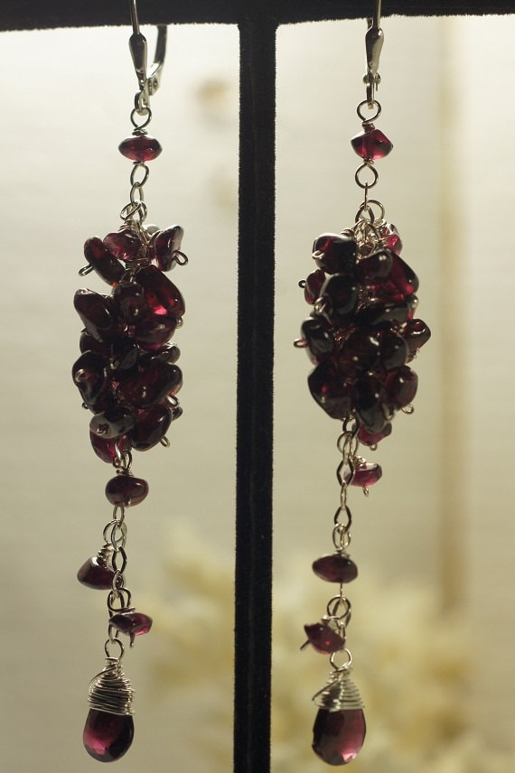 Garnet Cluster Earrings: Sterling Silver, January Birthstone