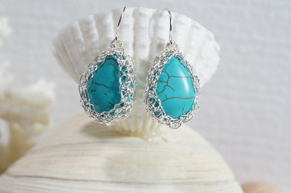 Handmade Wire Crochet Turquoise Earrings, Silver Filled