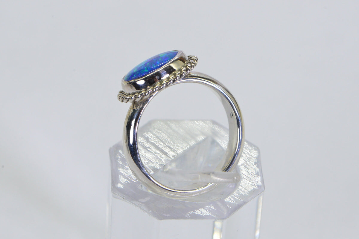 Australian Black Opal Ring: Sterling Silver Bezel, October Birthstone, Size 7