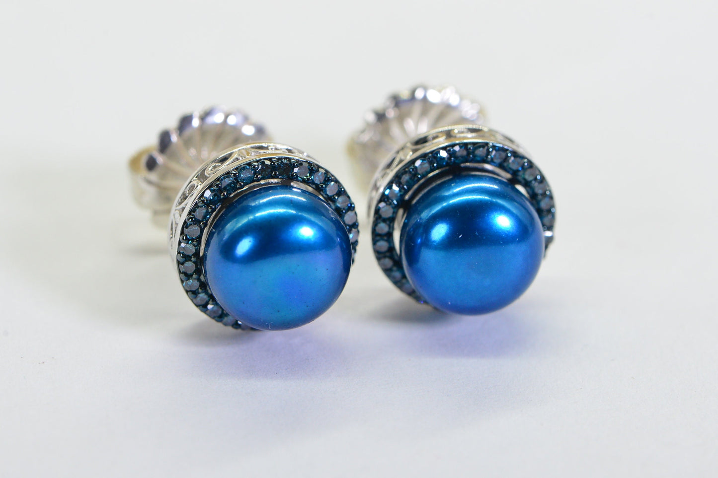 Blue Diamond Freshwater Pearl Stud Earrings: 14K White Gold over Sterling Silver