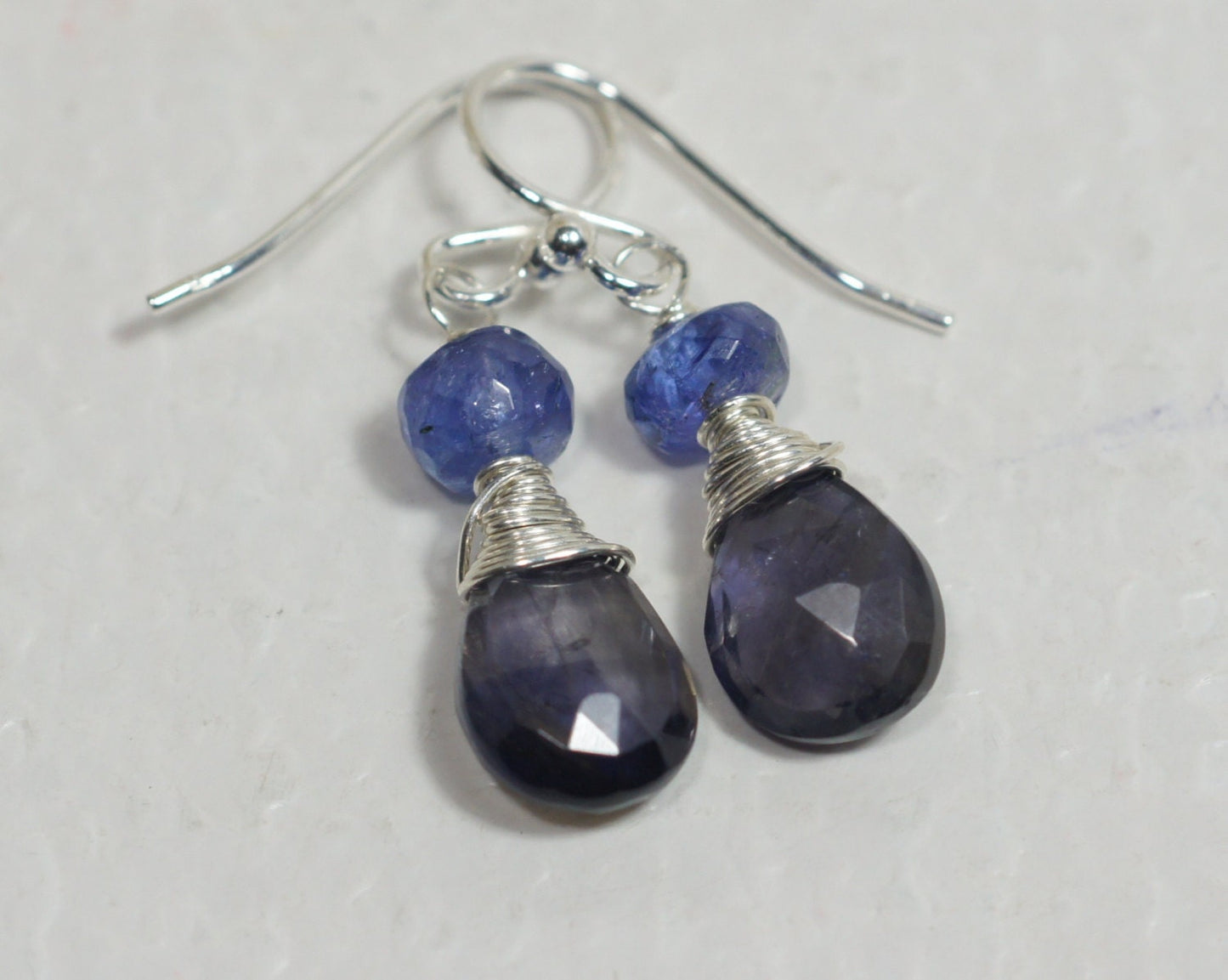 Handmade Tanzanite and Iolite Teardrop Earrings Multi Stone Gemstone Earrings Wire Wrapped Sterling Silver