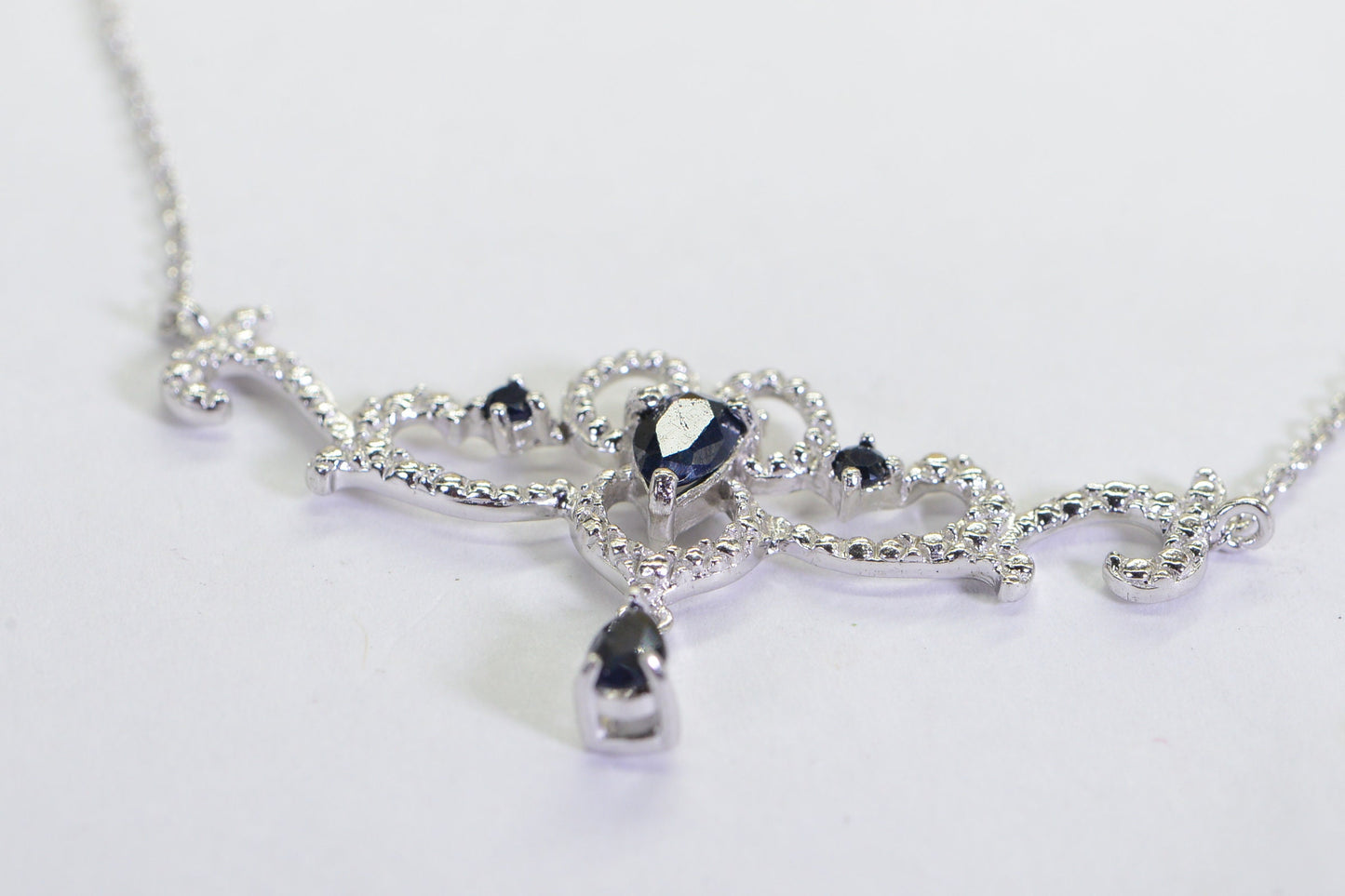 Sapphire Teardrop Necklace: Sterling Silver Filigree, Vintage Style
