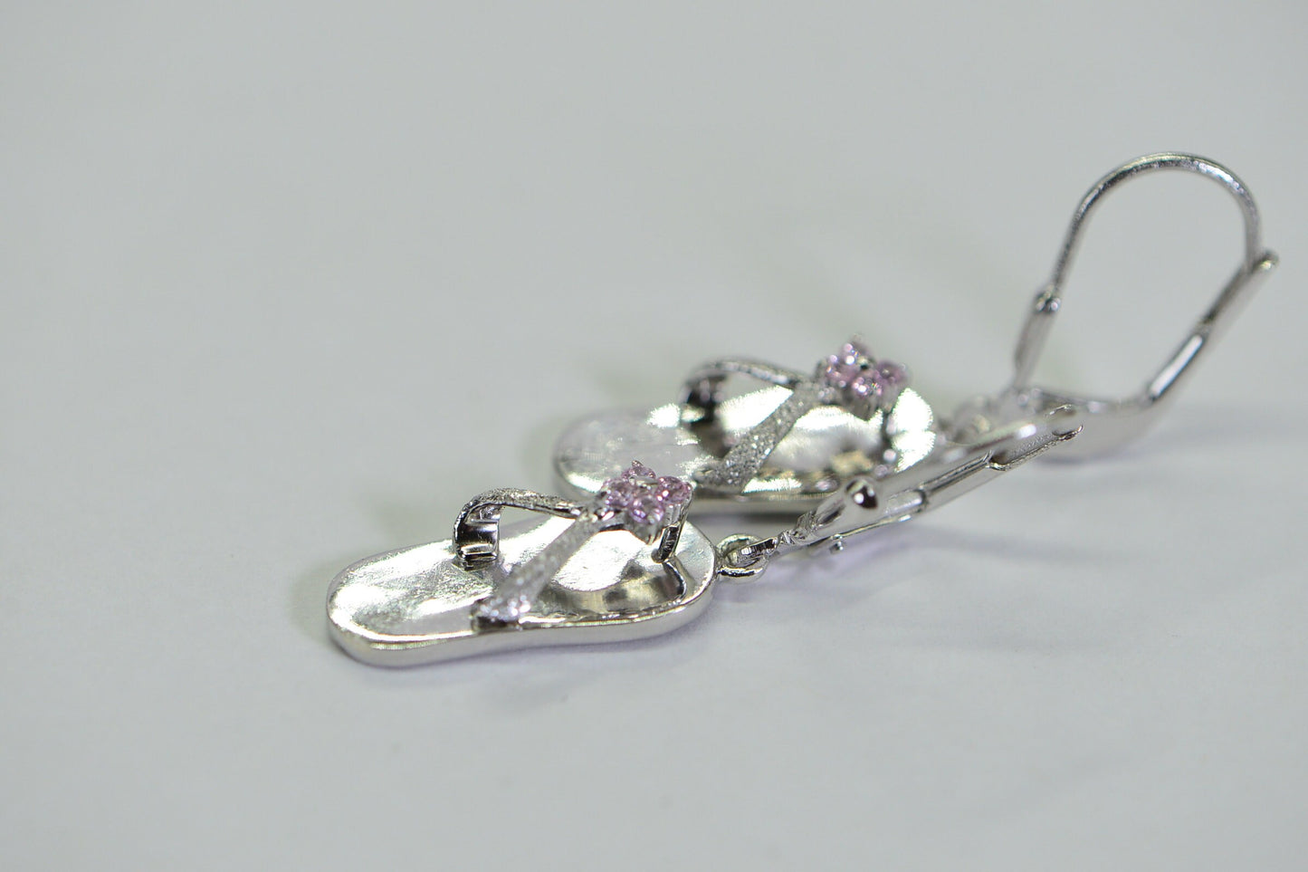 Sandals Dangle Earrings: Pink Simulated Diamond Sterling Silver Rhodium Finish