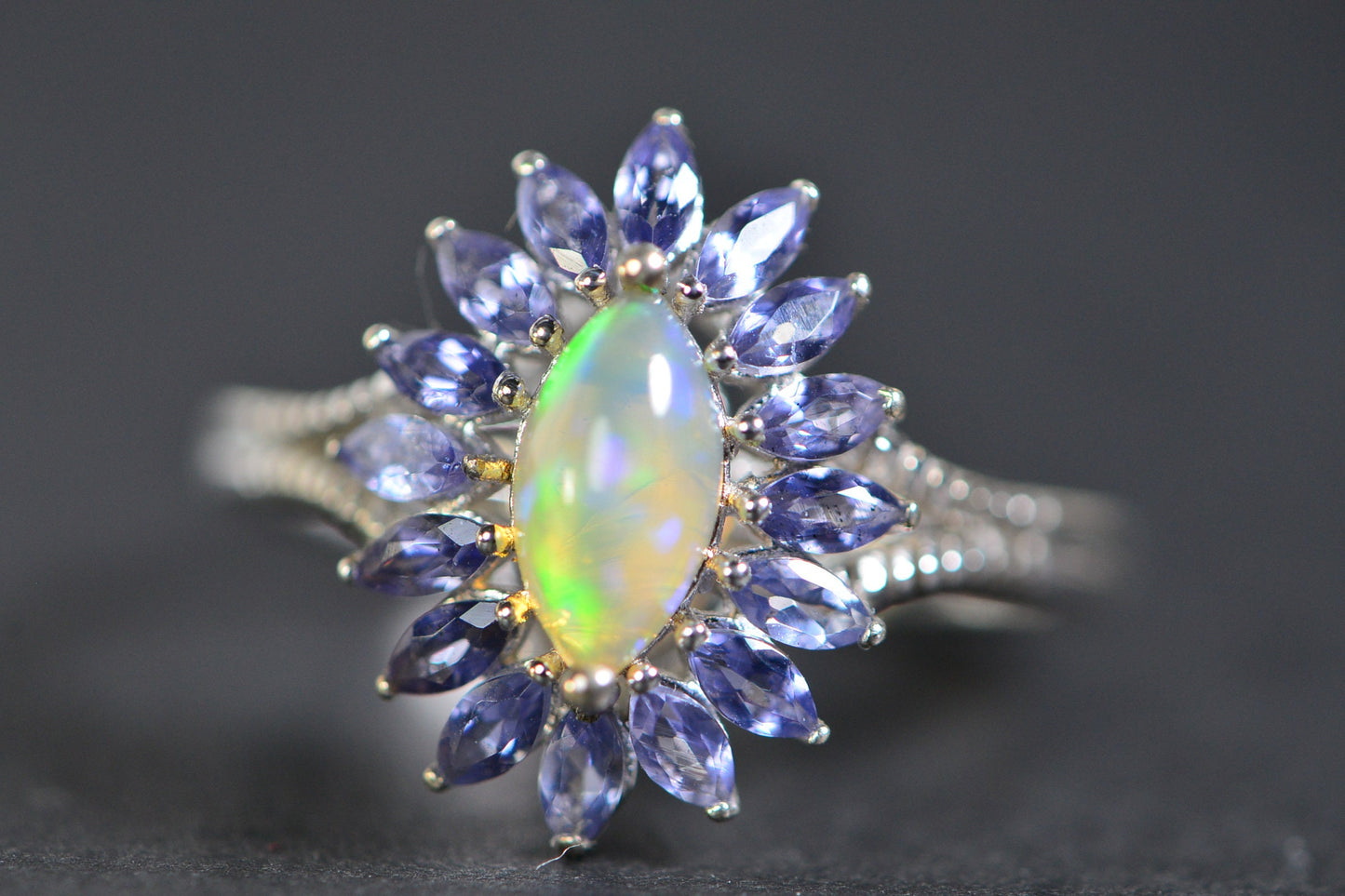 Ethiopian Opal Tanzanite Halo Ring: Marquise Sterling Silver Gemstone