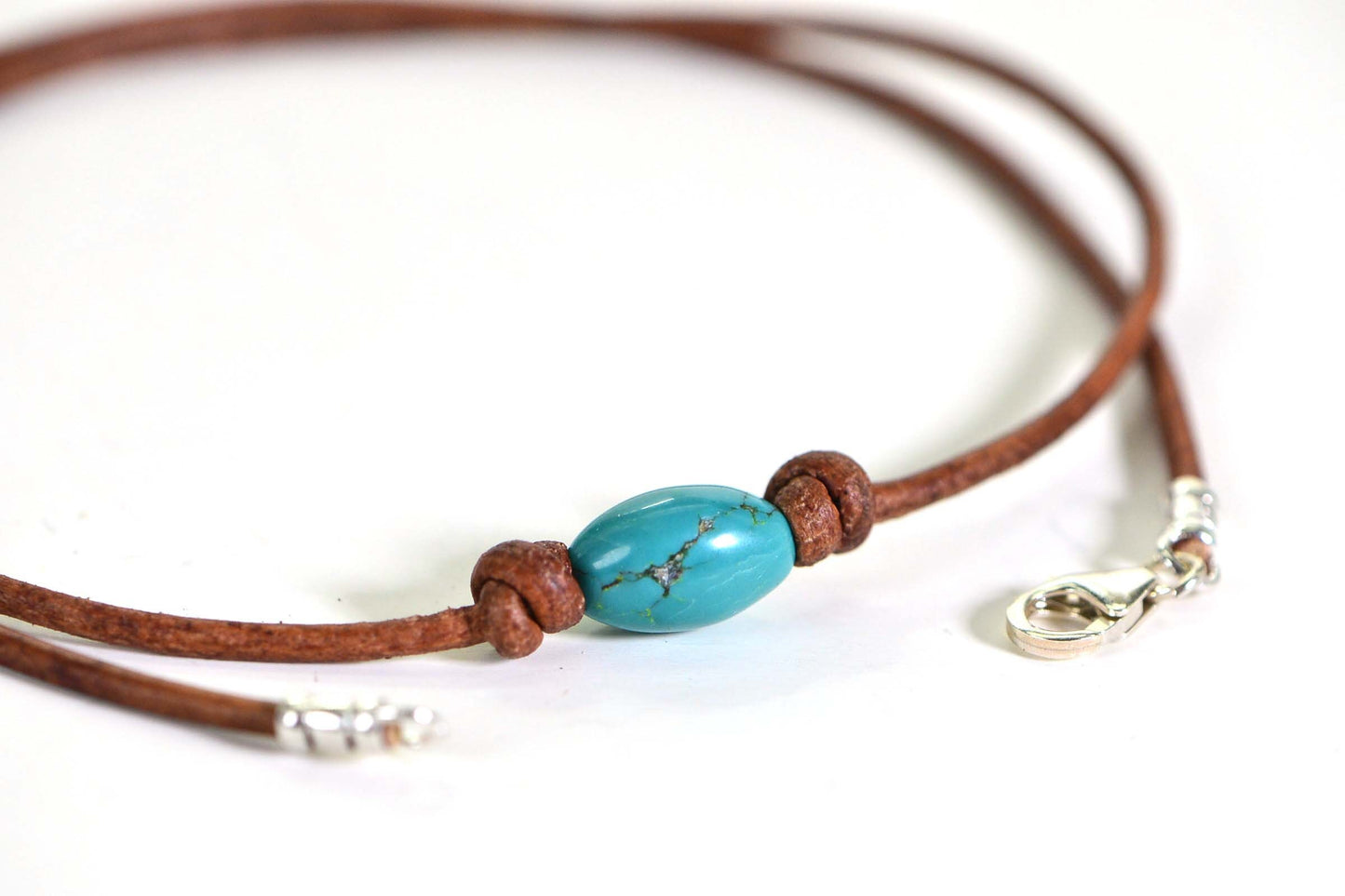 Kingman Turquoise Necklace: Sterling Silver Clasp, Natural Leather Cord