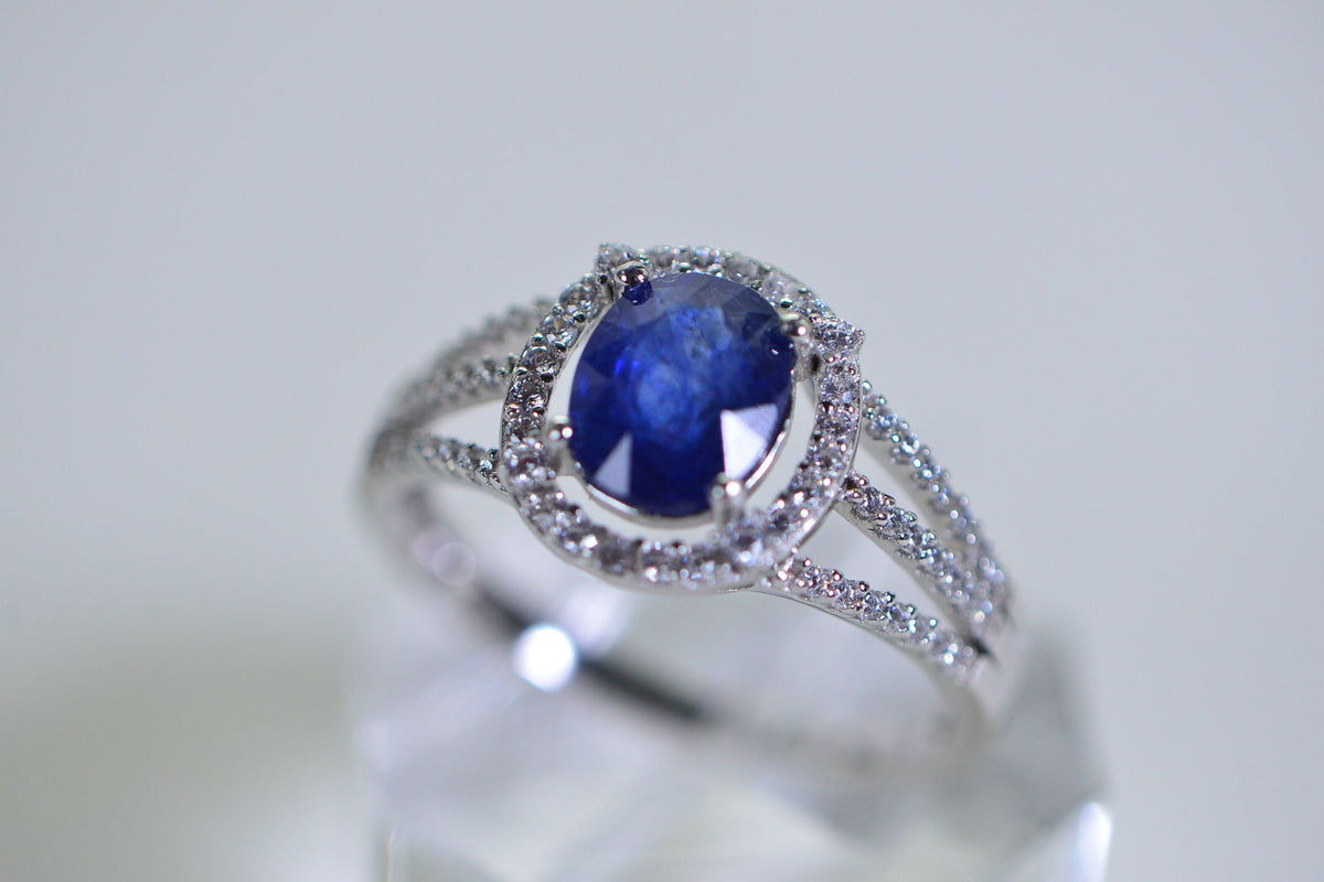 Blue Sapphire Halo Ring: Simulated Diamond, 14K White Gold Over Sterling Silver