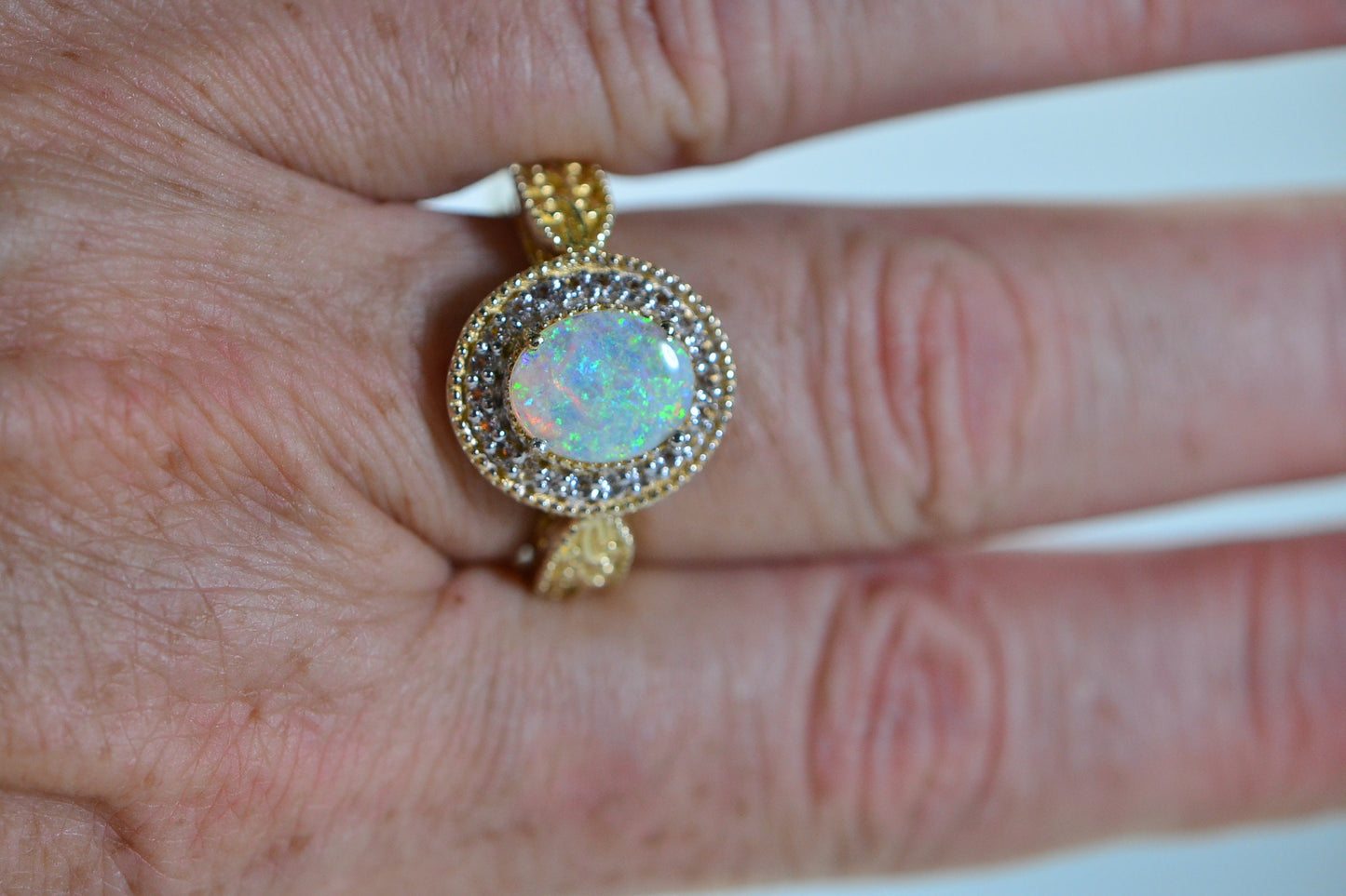 Australian White Opal Ring: Simulated Diamond Halo, 14K Gold Over Sterling Silver