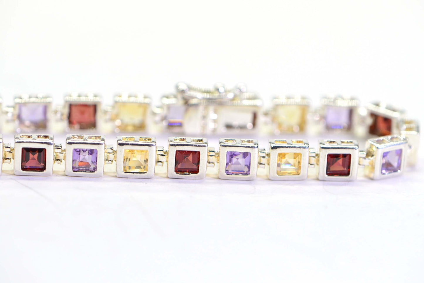 Multi Gemstone Tennis Bracelet: Princess Cut Sterling Silver Bezel Bracelet