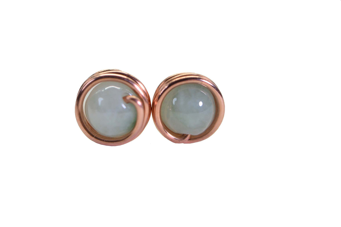 Handmade Copper Wire Wrapped Burma Jade Stud Earrings