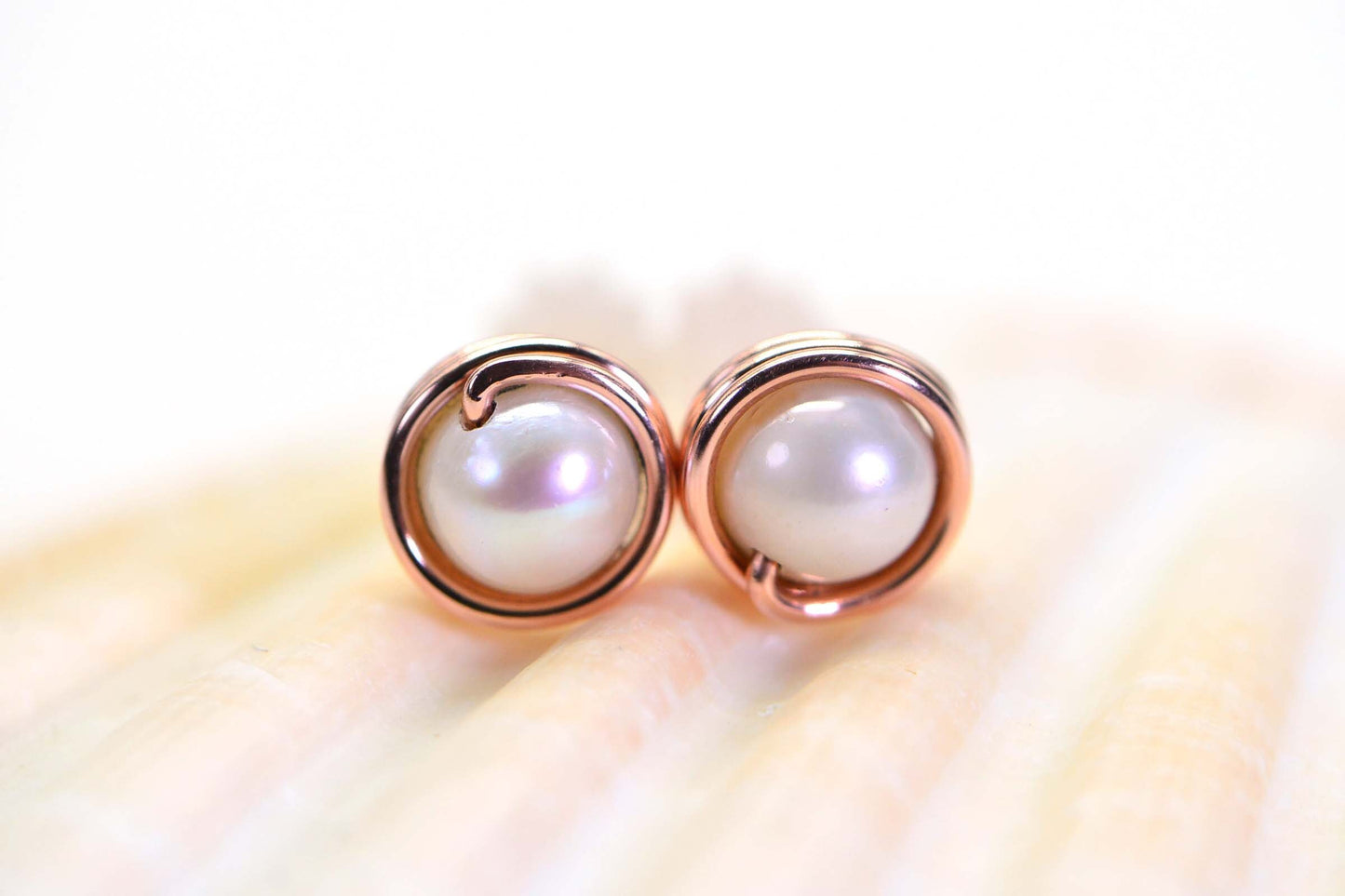 Natural White Pearl Handmade Copper Wire Wrapped Pearl Stud Earrings