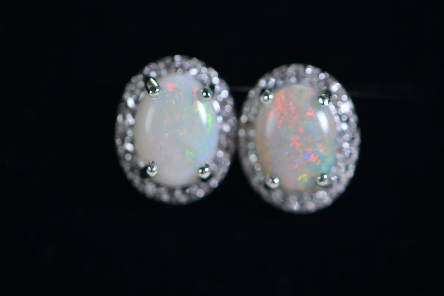 Australian White Opal Stud Earrings, Halo Diamond, October Birthstone